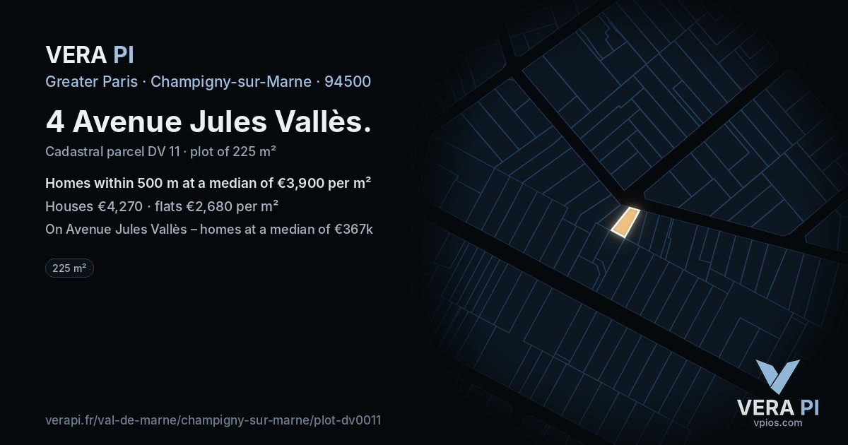 4 Avenue Jules Vallès, Champigny-sur-Marne at night – the plot lit, the parcels around coloured by the prices near them