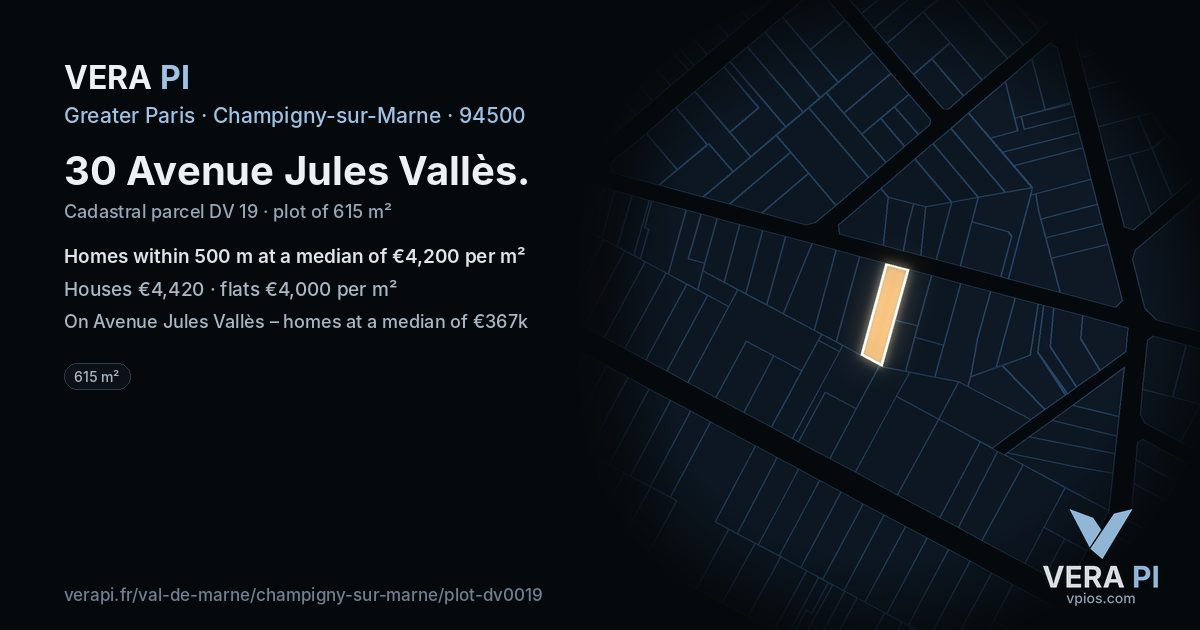 30 Avenue Jules Vallès, Champigny-sur-Marne at night – the plot lit, the parcels around coloured by the prices near them