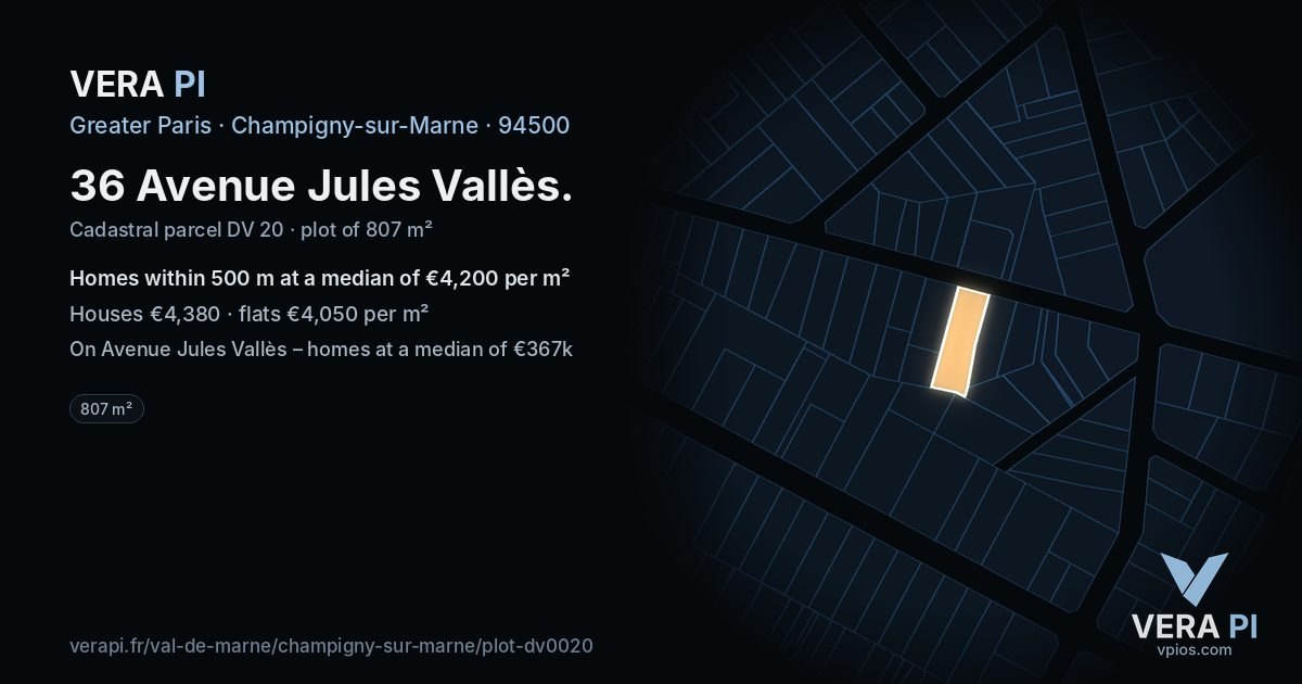 36 Avenue Jules Vallès, Champigny-sur-Marne at night – the plot lit, the parcels around coloured by the prices near them