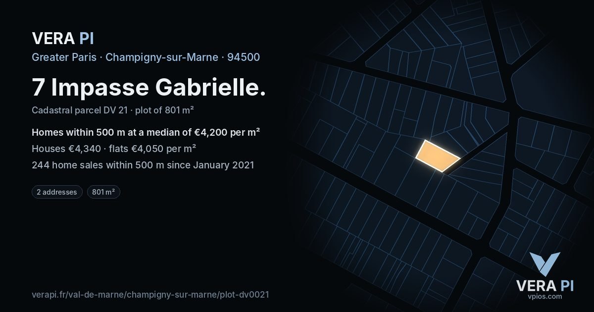 7 Impasse Gabrielle, Champigny-sur-Marne at night – the plot lit, the parcels around coloured by the prices near them