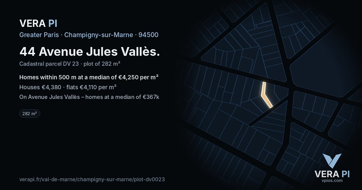 44 Avenue Jules Vallès, Champigny-sur-Marne at night – the plot lit, the parcels around coloured by the prices near them