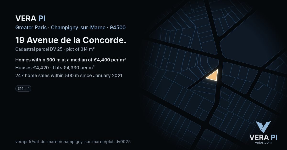 19 Avenue de la Concorde, Champigny-sur-Marne at night – the plot lit, the parcels around coloured by the prices near them