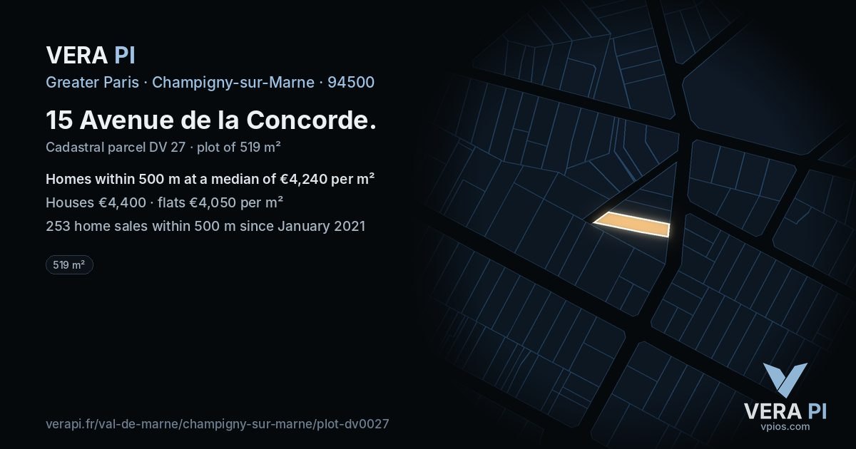 15 Avenue de la Concorde, Champigny-sur-Marne at night – the plot lit, the parcels around coloured by the prices near them