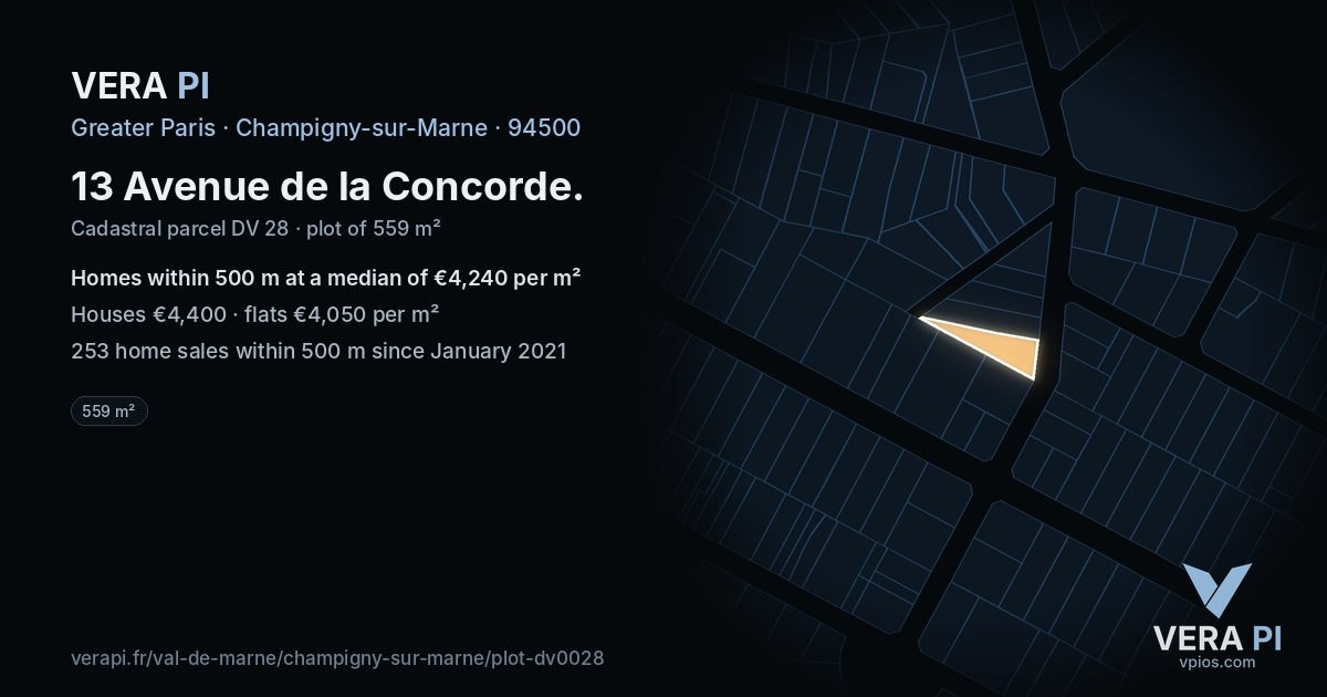 13 Avenue de la Concorde, Champigny-sur-Marne at night – the plot lit, the parcels around coloured by the prices near them