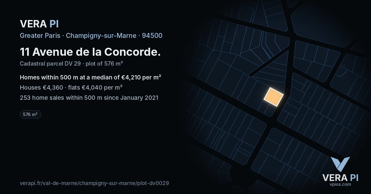 11 Avenue de la Concorde, Champigny-sur-Marne at night – the plot lit, the parcels around coloured by the prices near them