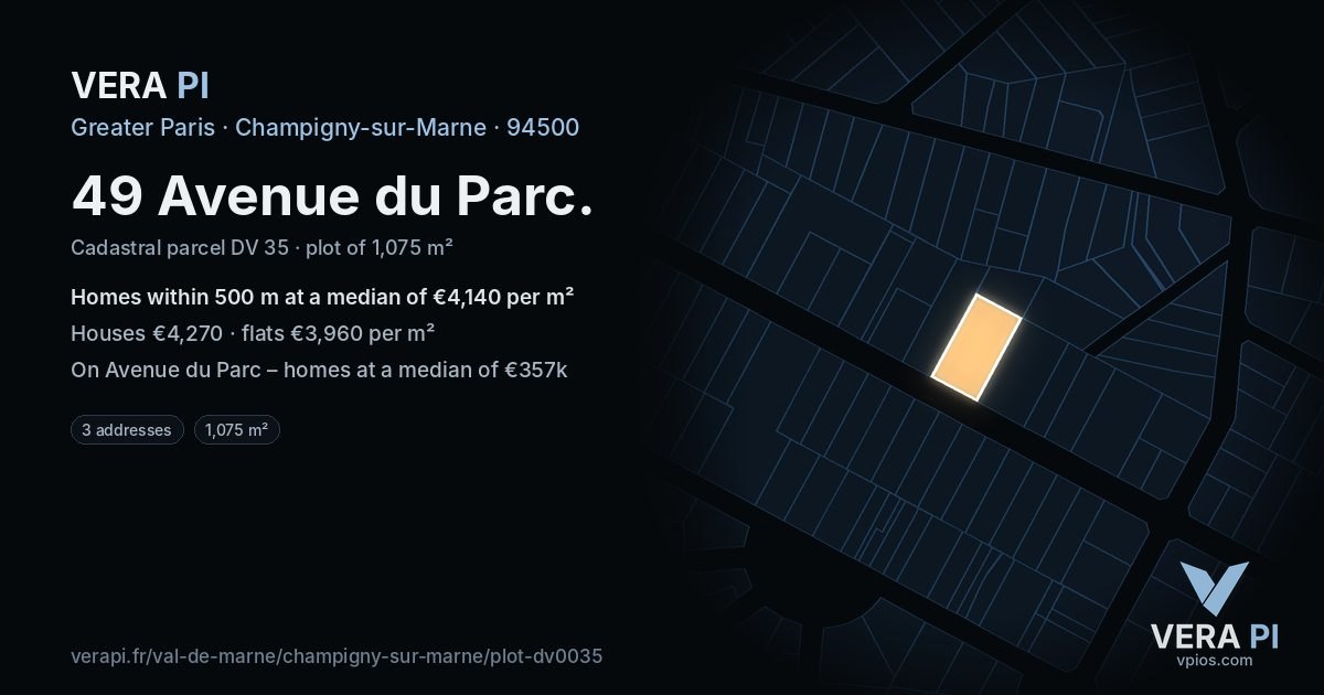 49 Avenue du Parc, Champigny-sur-Marne at night – the plot lit, the parcels around coloured by the prices near them