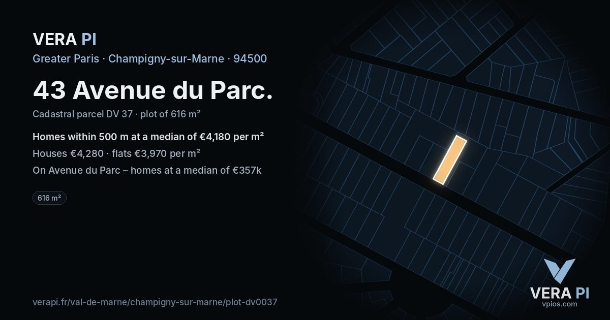 43 Avenue du Parc, Champigny-sur-Marne at night – the plot lit, the parcels around coloured by the prices near them