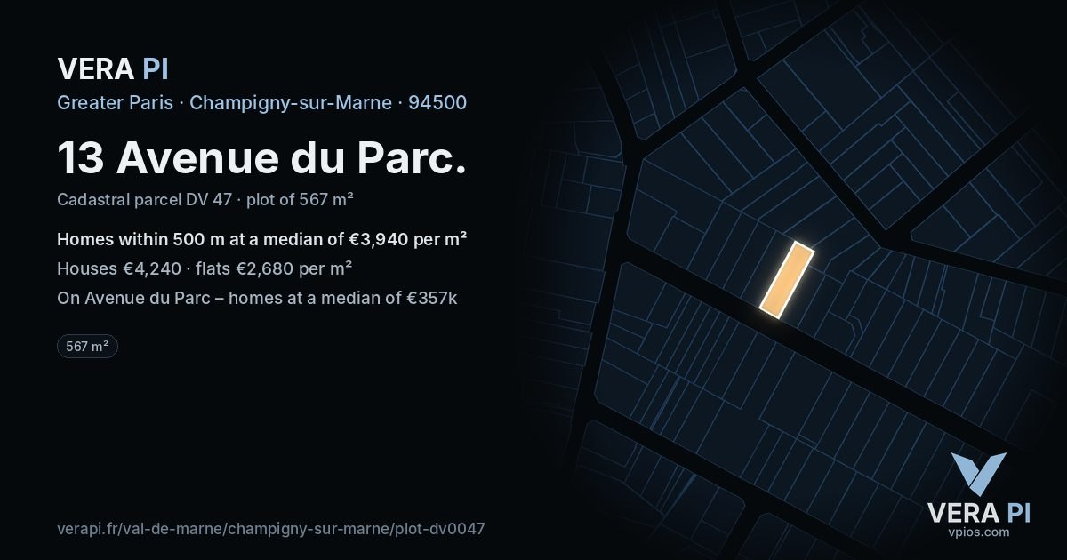13 Avenue du Parc, Champigny-sur-Marne at night – the plot lit, the parcels around coloured by the prices near them