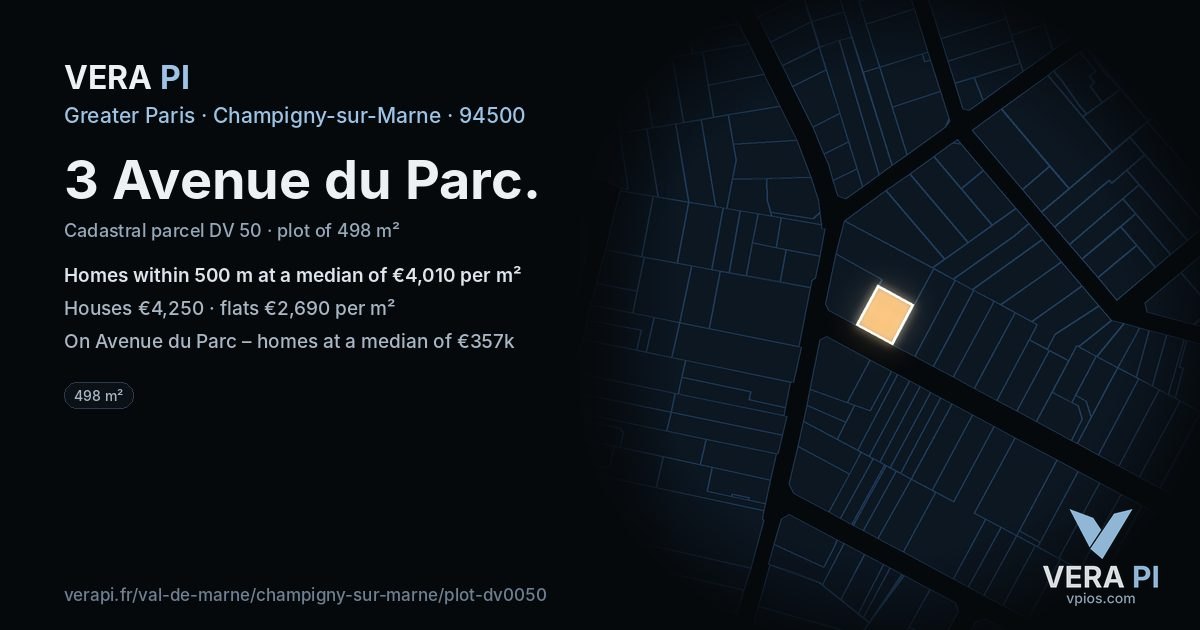 3 Avenue du Parc, Champigny-sur-Marne at night – the plot lit, the parcels around coloured by the prices near them