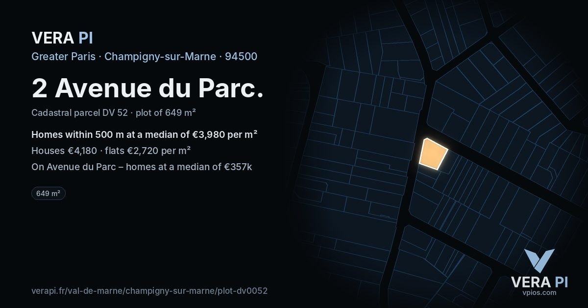 2 Avenue du Parc, Champigny-sur-Marne at night – the plot lit, the parcels around coloured by the prices near them