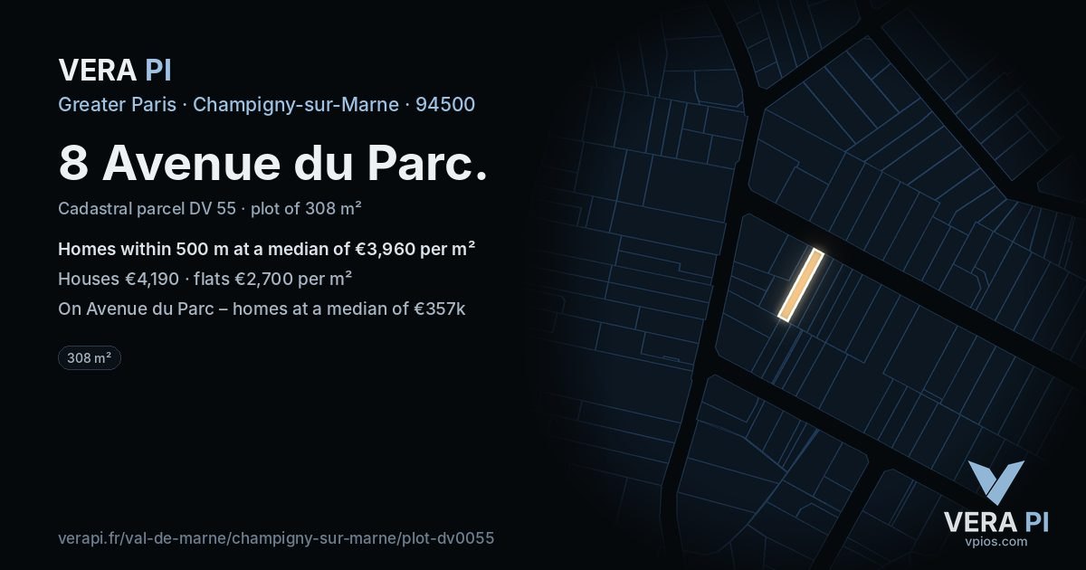 8 Avenue du Parc, Champigny-sur-Marne at night – the plot lit, the parcels around coloured by the prices near them