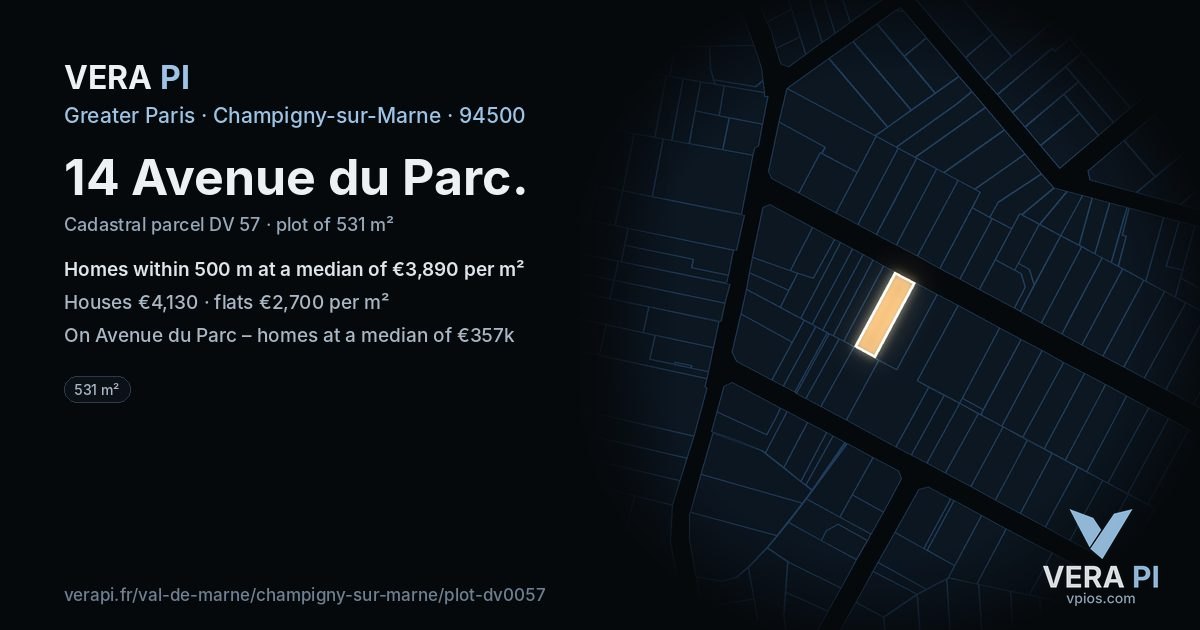 14 Avenue du Parc, Champigny-sur-Marne at night – the plot lit, the parcels around coloured by the prices near them
