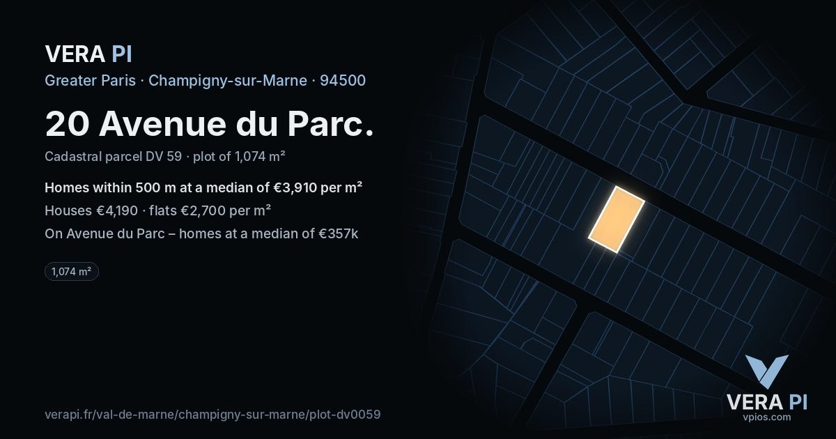 20 Avenue du Parc, Champigny-sur-Marne at night – the plot lit, the parcels around coloured by the prices near them