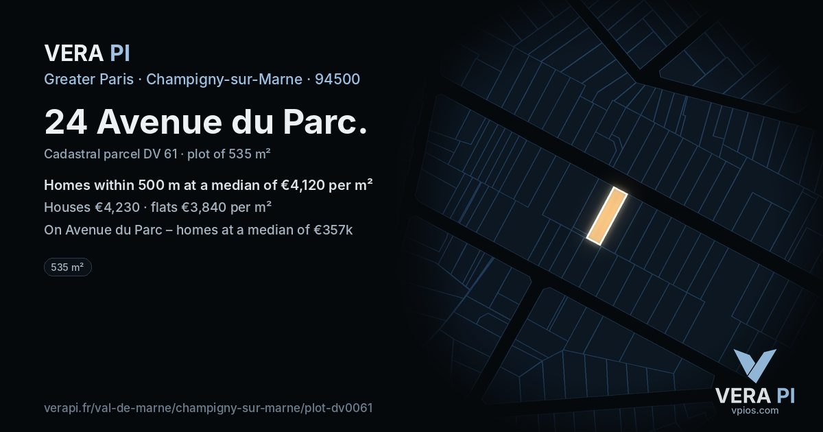 24 Avenue du Parc, Champigny-sur-Marne at night – the plot lit, the parcels around coloured by the prices near them