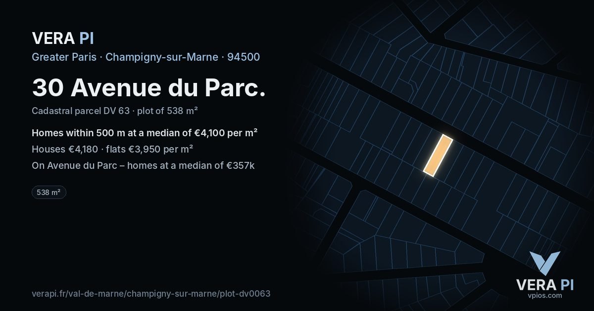 30 Avenue du Parc, Champigny-sur-Marne at night – the plot lit, the parcels around coloured by the prices near them