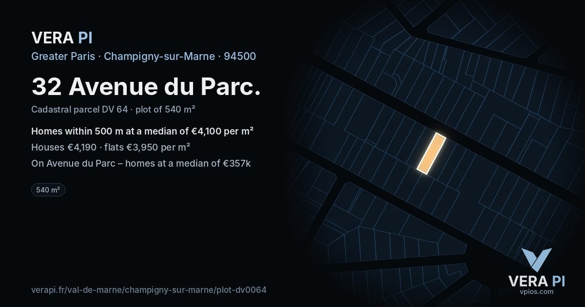 32 Avenue du Parc, Champigny-sur-Marne at night – the plot lit, the parcels around coloured by the prices near them