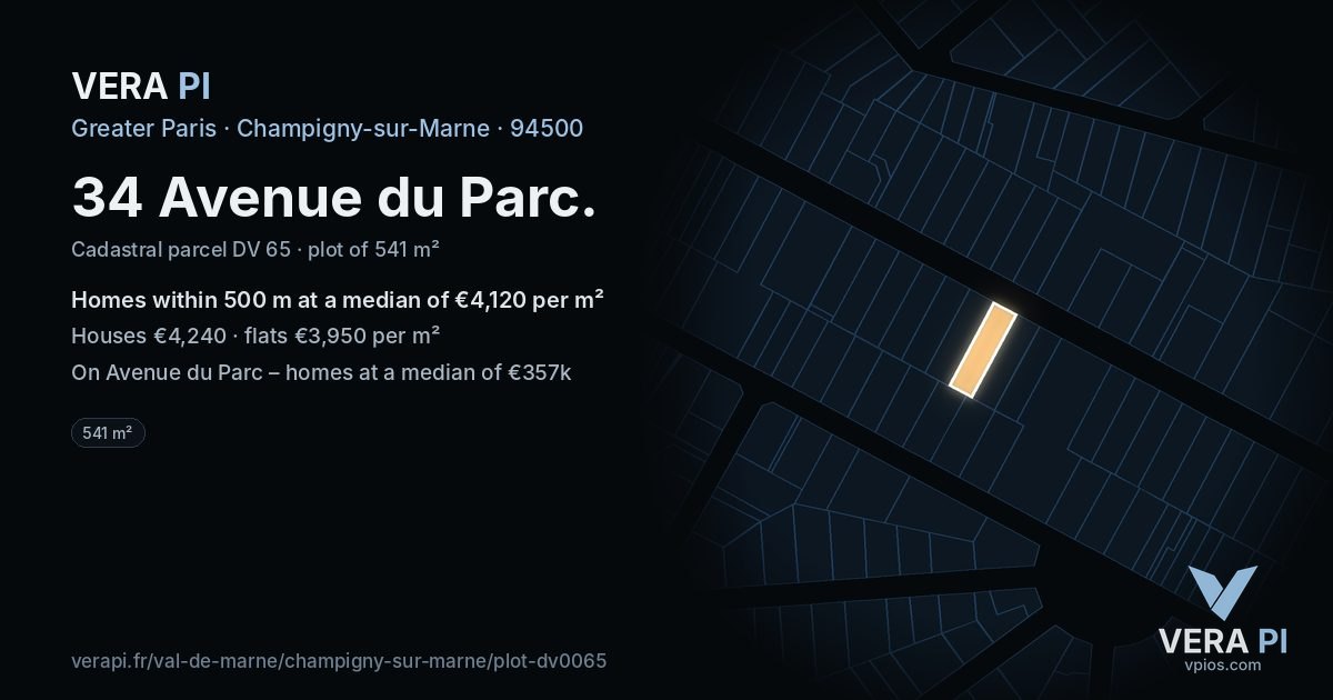 34 Avenue du Parc, Champigny-sur-Marne at night – the plot lit, the parcels around coloured by the prices near them