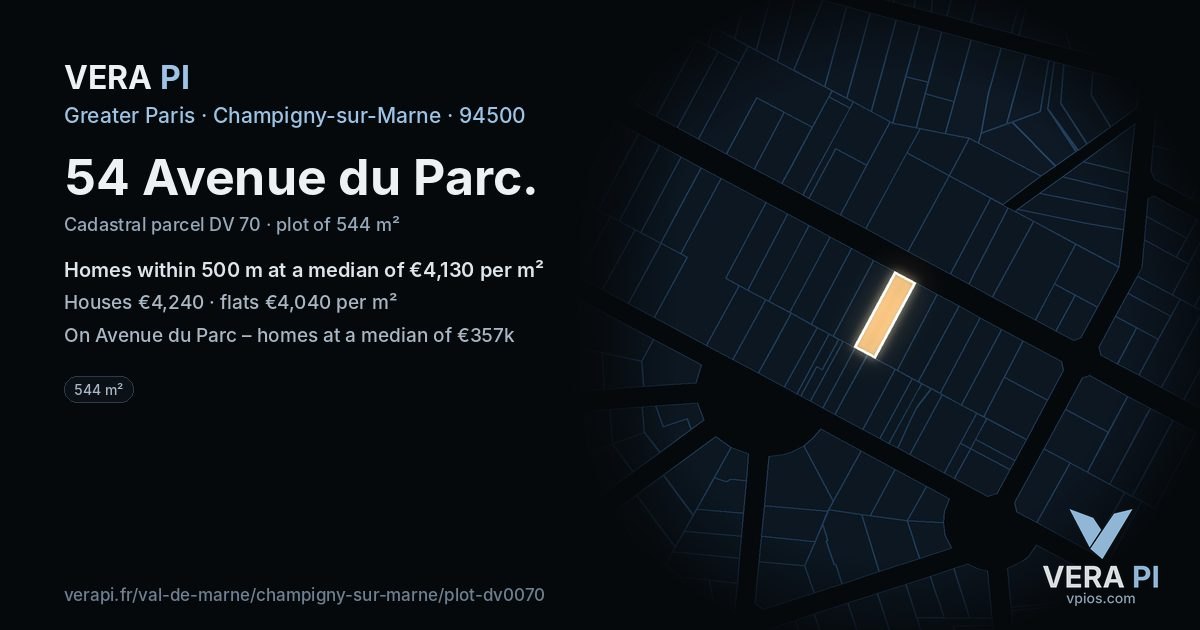 54 Avenue du Parc, Champigny-sur-Marne at night – the plot lit, the parcels around coloured by the prices near them