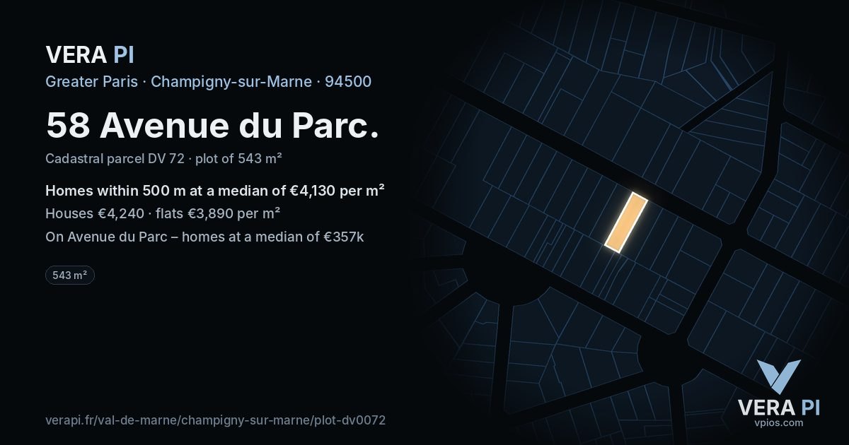 58 Avenue du Parc, Champigny-sur-Marne at night – the plot lit, the parcels around coloured by the prices near them