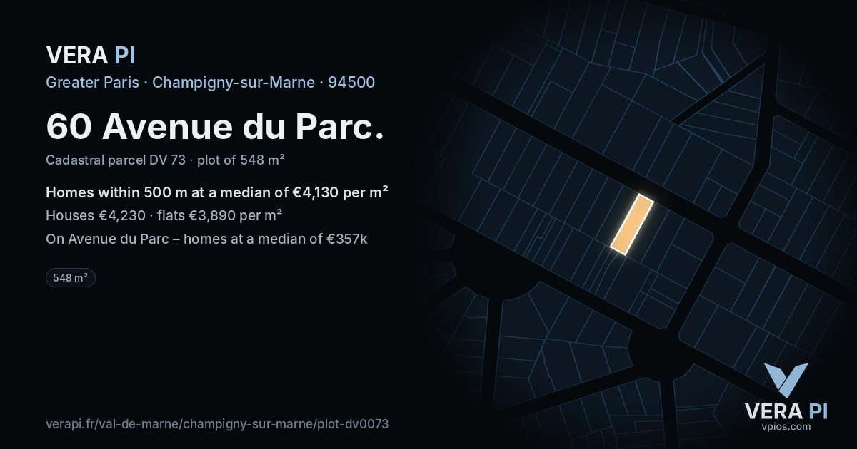 60 Avenue du Parc, Champigny-sur-Marne at night – the plot lit, the parcels around coloured by the prices near them
