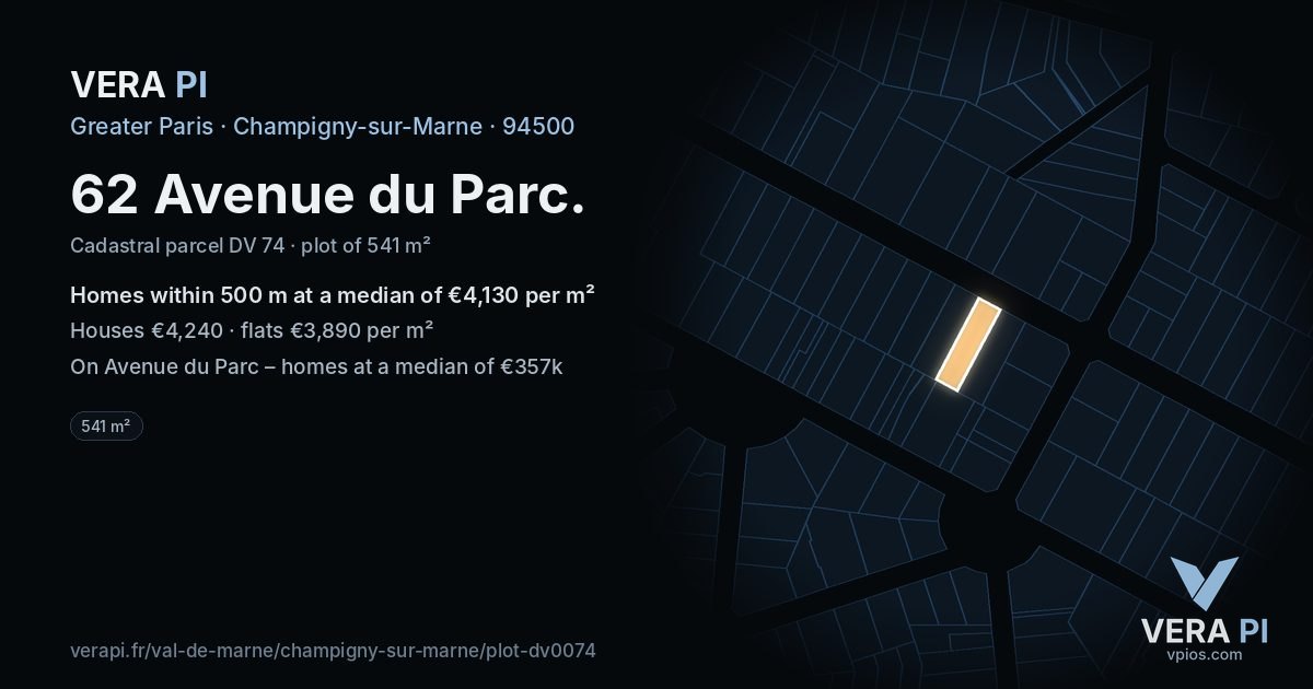 62 Avenue du Parc, Champigny-sur-Marne at night – the plot lit, the parcels around coloured by the prices near them