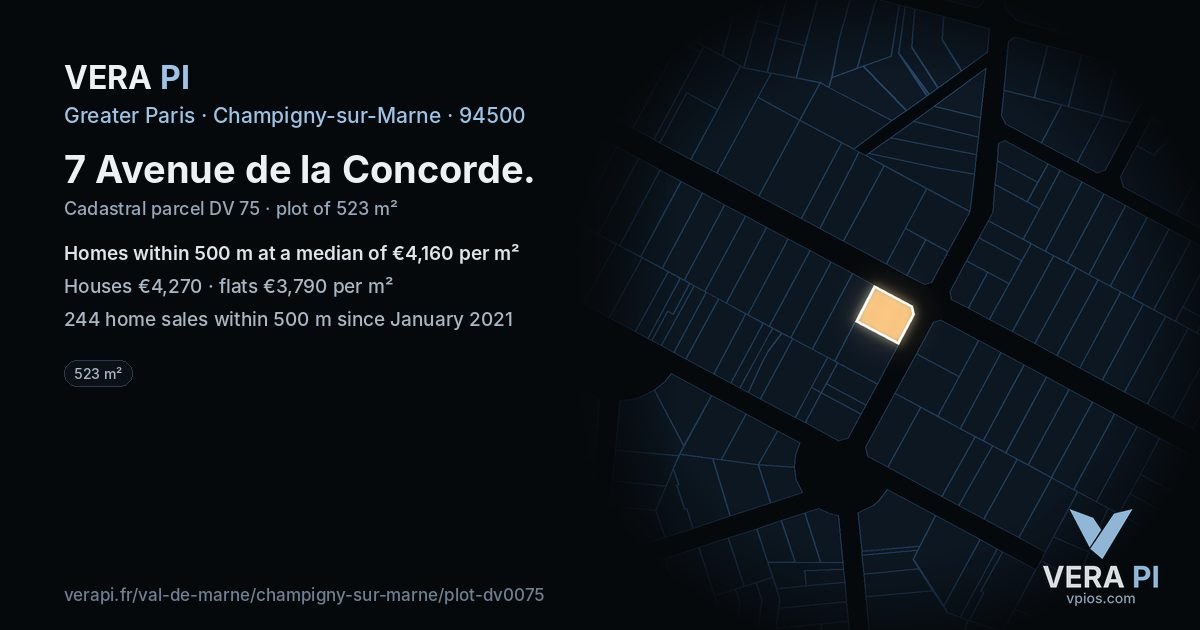 7 Avenue de la Concorde, Champigny-sur-Marne at night – the plot lit, the parcels around coloured by the prices near them