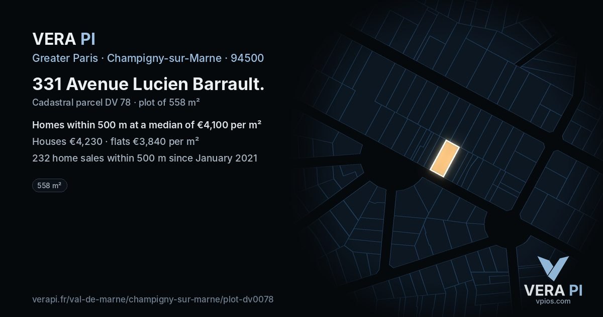 331 Avenue Lucien Barrault, Champigny-sur-Marne at night – the plot lit, the parcels around coloured by the prices near them