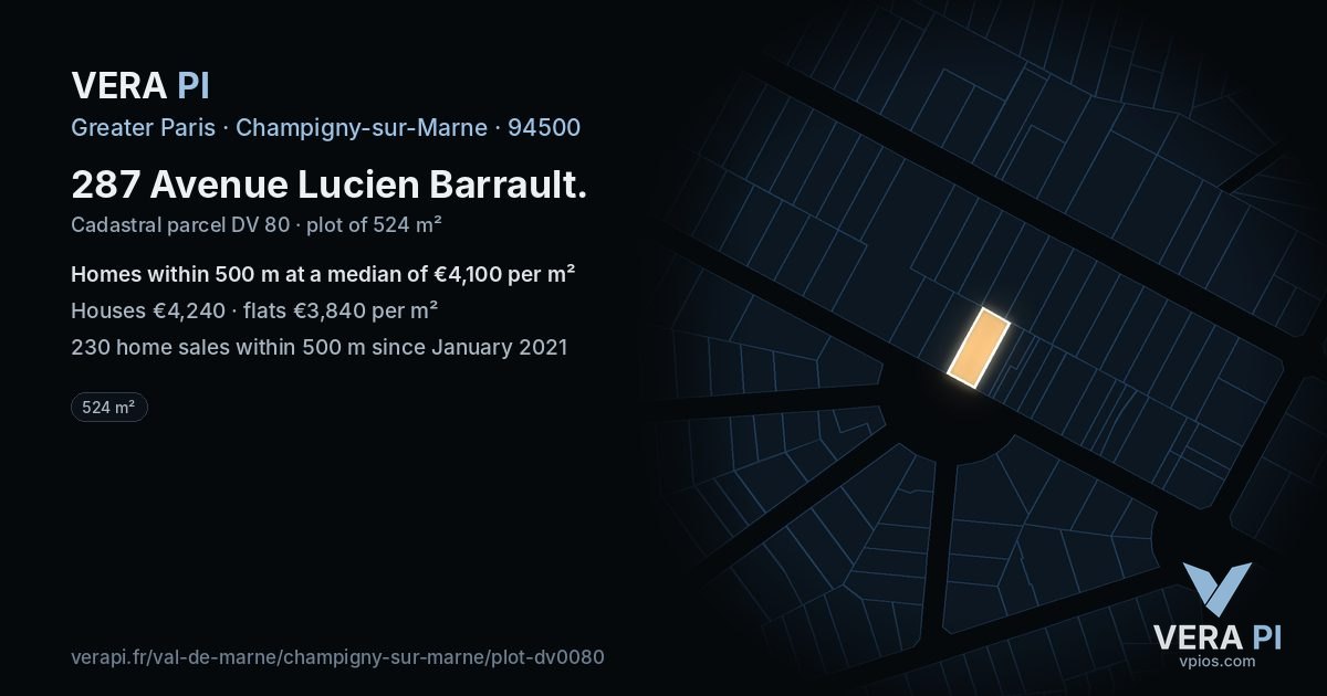 287 Avenue Lucien Barrault, Champigny-sur-Marne at night – the plot lit, the parcels around coloured by the prices near them