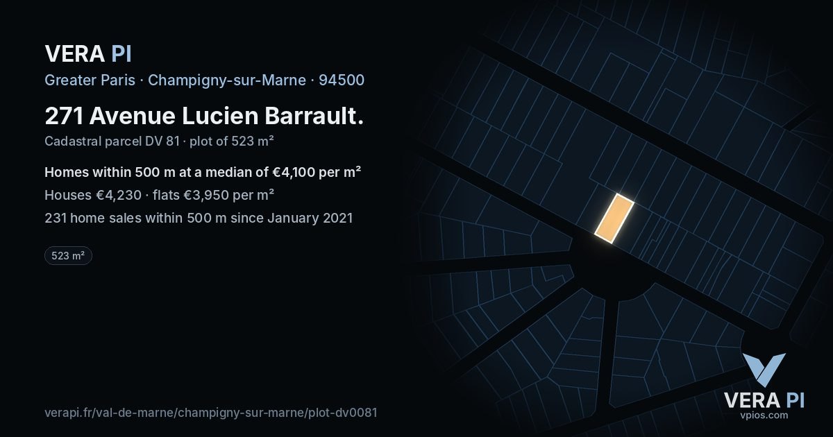 271 Avenue Lucien Barrault, Champigny-sur-Marne at night – the plot lit, the parcels around coloured by the prices near them