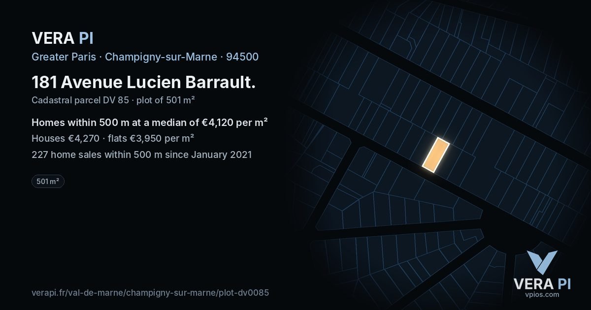 181 Avenue Lucien Barrault, Champigny-sur-Marne at night – the plot lit, the parcels around coloured by the prices near them