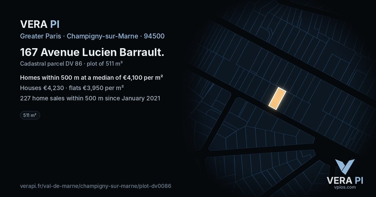 167 Avenue Lucien Barrault, Champigny-sur-Marne at night – the plot lit, the parcels around coloured by the prices near them