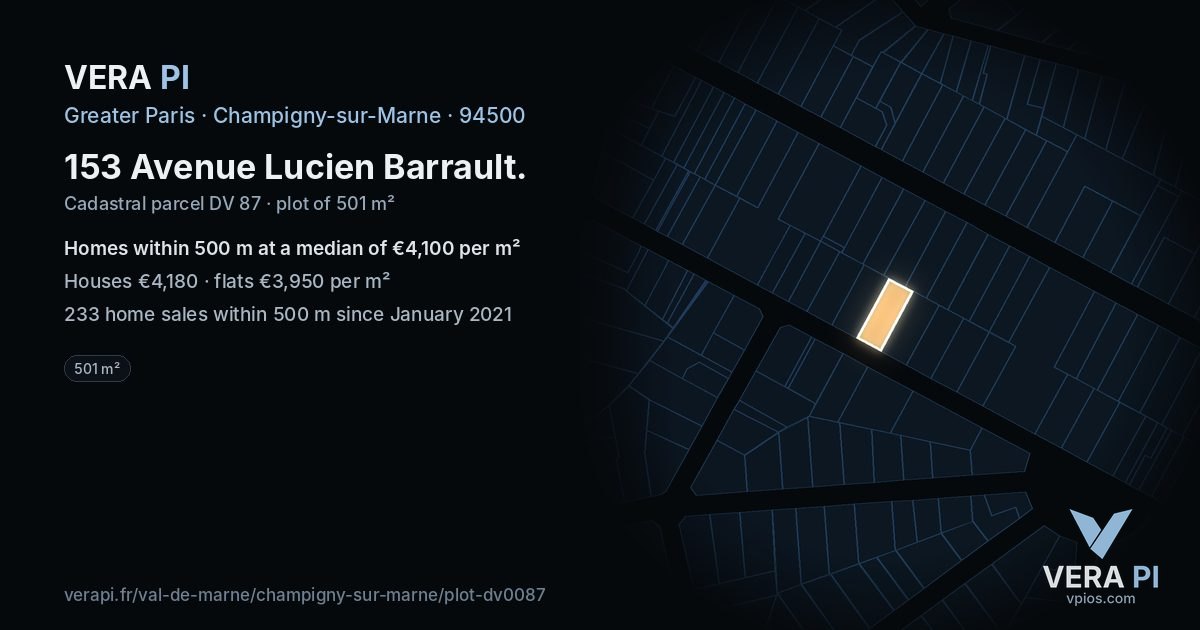 153 Avenue Lucien Barrault, Champigny-sur-Marne at night – the plot lit, the parcels around coloured by the prices near them