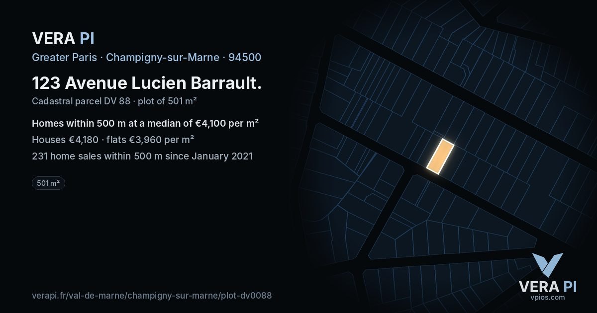 123 Avenue Lucien Barrault, Champigny-sur-Marne at night – the plot lit, the parcels around coloured by the prices near them