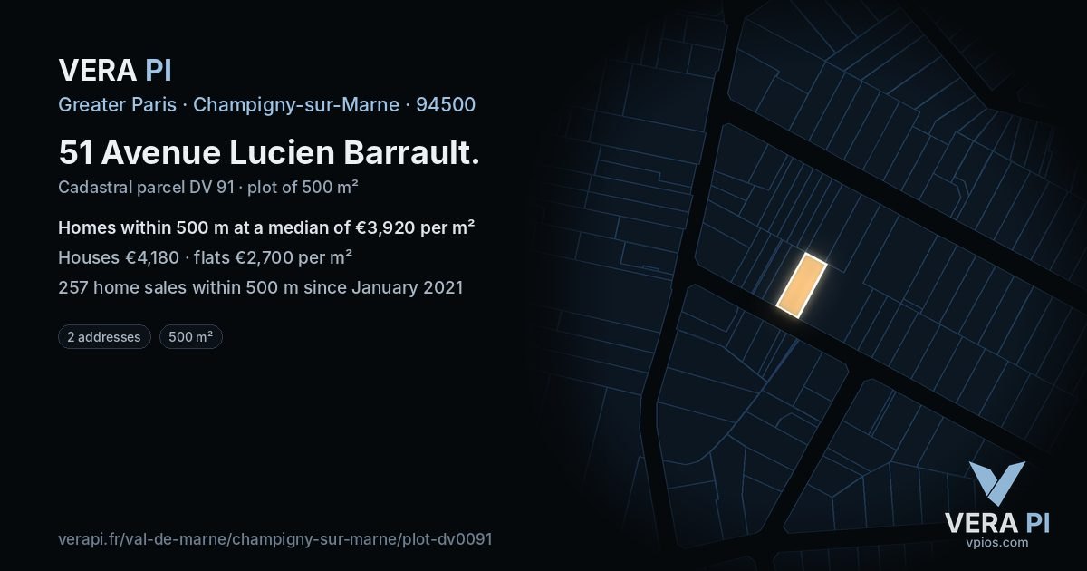 51 Avenue Lucien Barrault, Champigny-sur-Marne at night – the plot lit, the parcels around coloured by the prices near them