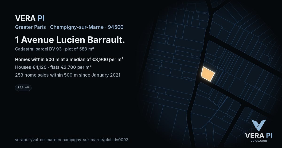 1 Avenue Lucien Barrault, Champigny-sur-Marne at night – the plot lit, the parcels around coloured by the prices near them