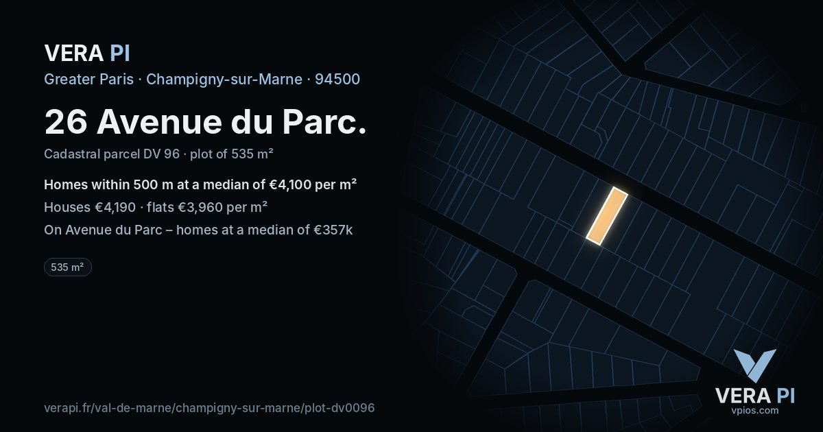 26 Avenue du Parc, Champigny-sur-Marne at night – the plot lit, the parcels around coloured by the prices near them