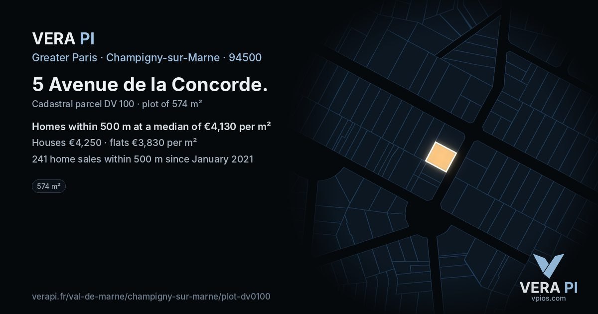 5 Avenue de la Concorde, Champigny-sur-Marne at night – the plot lit, the parcels around coloured by the prices near them