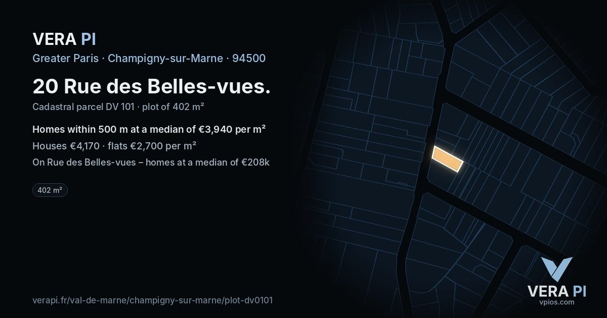 20 Rue des Belles-vues, Champigny-sur-Marne at night – the plot lit, the parcels around coloured by the prices near them