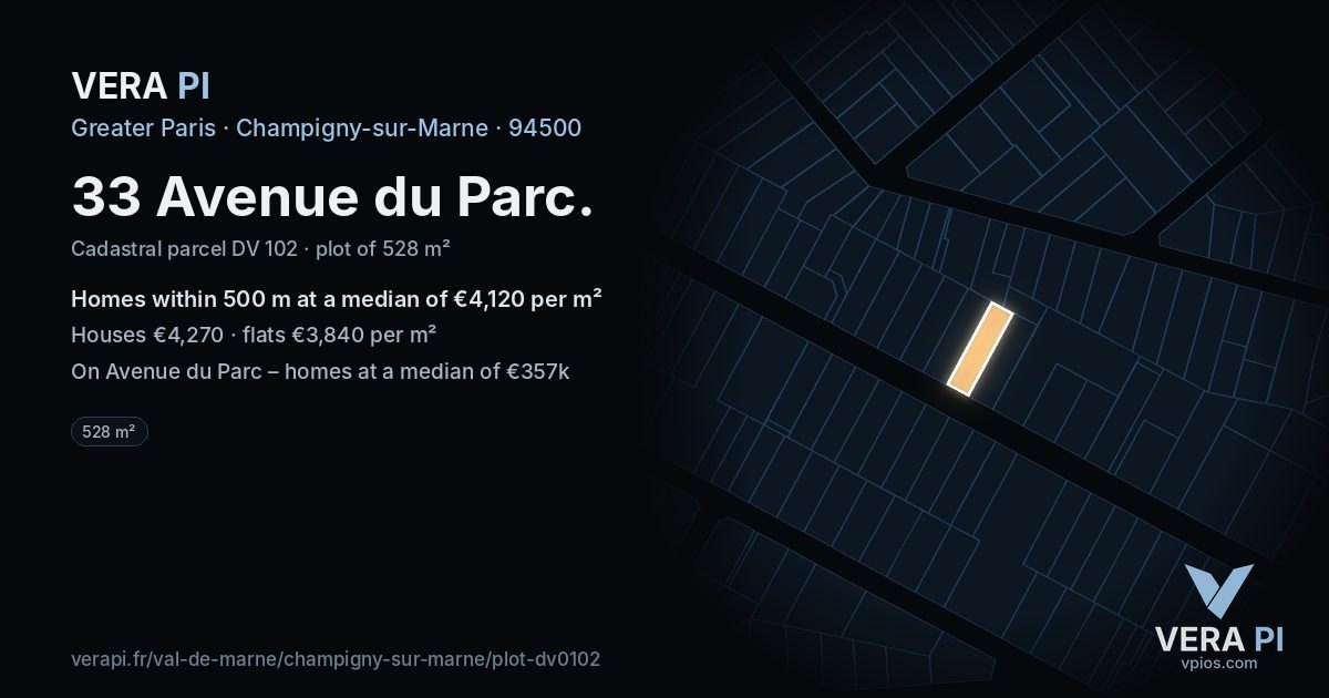 33 Avenue du Parc, Champigny-sur-Marne at night – the plot lit, the parcels around coloured by the prices near them