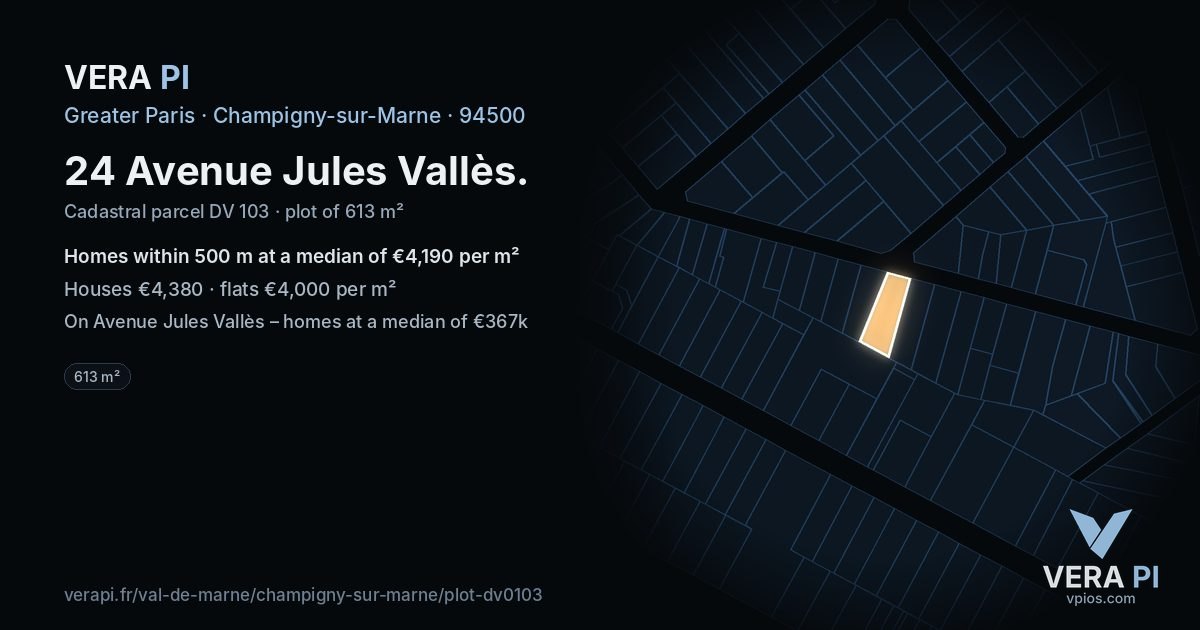 24 Avenue Jules Vallès, Champigny-sur-Marne at night – the plot lit, the parcels around coloured by the prices near them