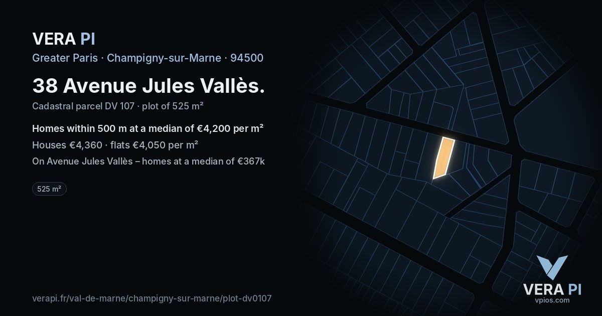 38 Avenue Jules Vallès, Champigny-sur-Marne at night – the plot lit, the parcels around coloured by the prices near them