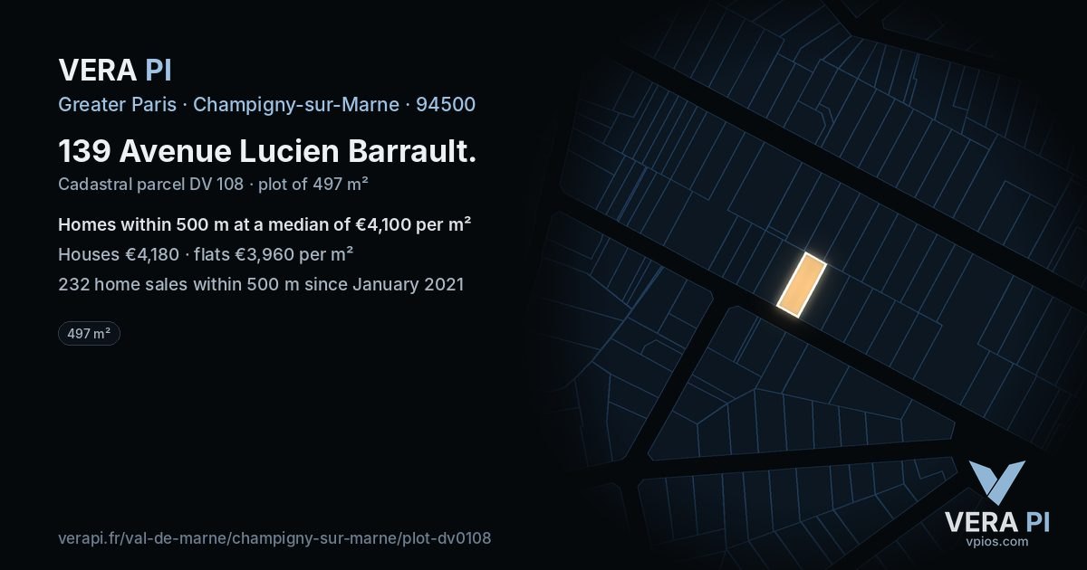 139 Avenue Lucien Barrault, Champigny-sur-Marne at night – the plot lit, the parcels around coloured by the prices near them