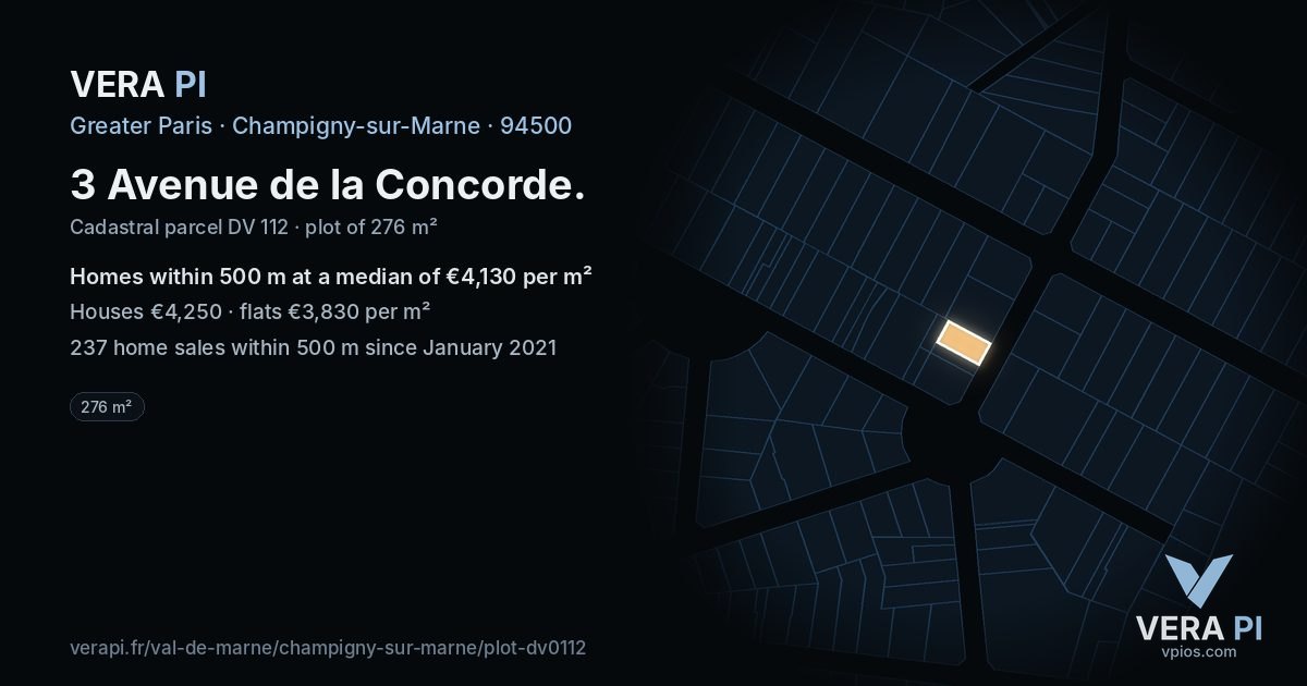 3 Avenue de la Concorde, Champigny-sur-Marne at night – the plot lit, the parcels around coloured by the prices near them