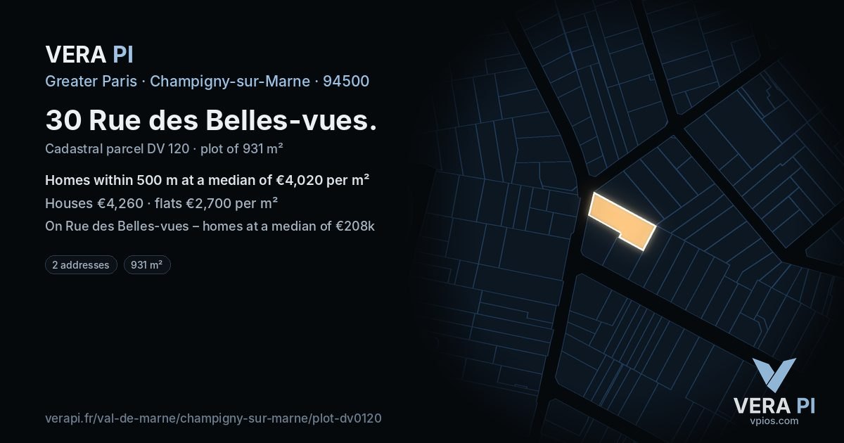 30 Rue des Belles-vues, Champigny-sur-Marne at night – the plot lit, the parcels around coloured by the prices near them