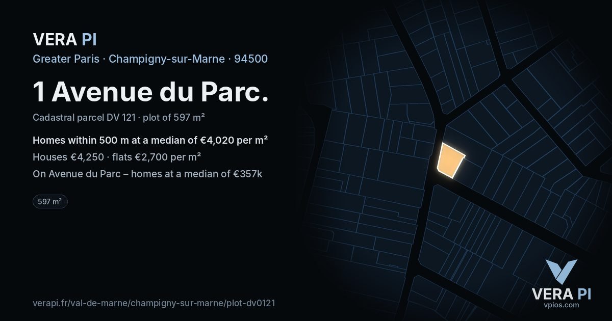 1 Avenue du Parc, Champigny-sur-Marne at night – the plot lit, the parcels around coloured by the prices near them