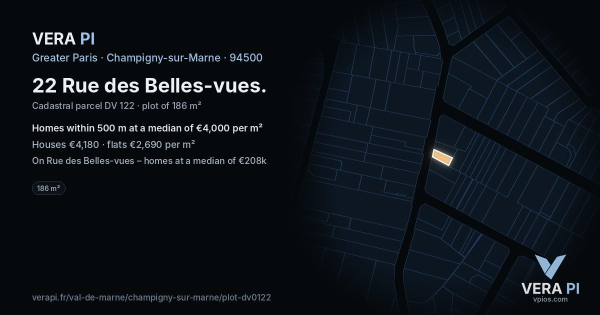 22 Rue des Belles-vues, Champigny-sur-Marne at night – the plot lit, the parcels around coloured by the prices near them