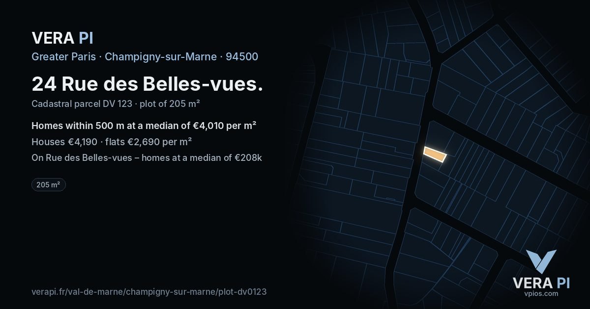 24 Rue des Belles-vues, Champigny-sur-Marne at night – the plot lit, the parcels around coloured by the prices near them