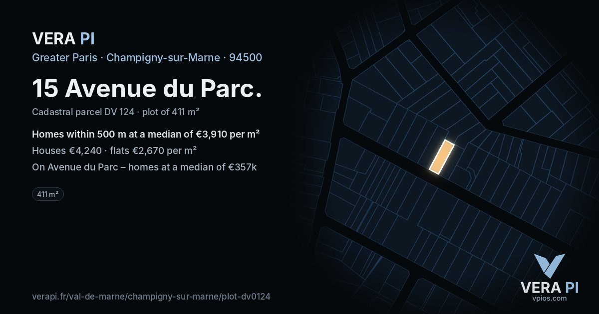 15 Avenue du Parc, Champigny-sur-Marne at night – the plot lit, the parcels around coloured by the prices near them