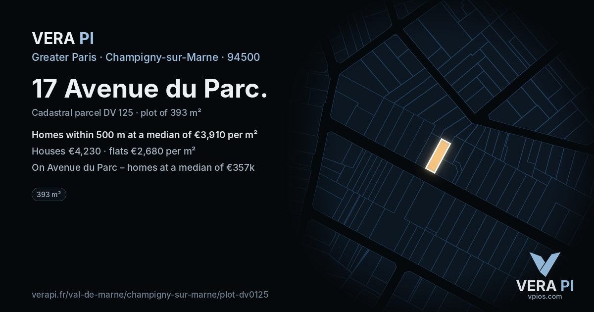 17 Avenue du Parc, Champigny-sur-Marne at night – the plot lit, the parcels around coloured by the prices near them