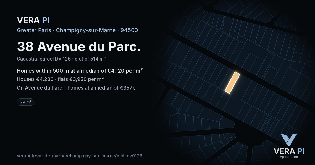 38 Avenue du Parc, Champigny-sur-Marne at night – the plot lit, the parcels around coloured by the prices near them
